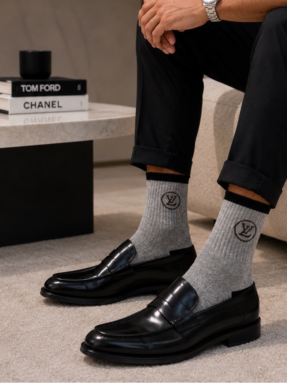 Louis Vuitton Gray Ribbed Logo Crew Socks